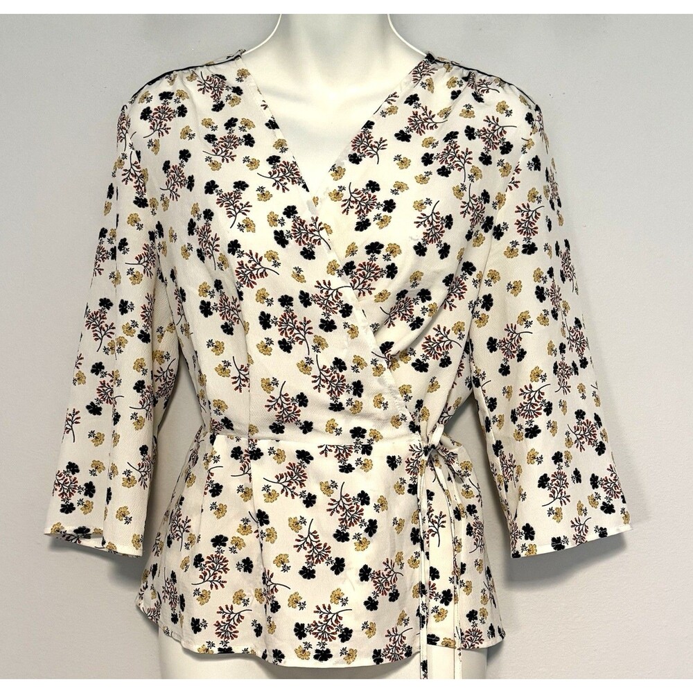 Topshop Peplum Wrap Blouse US 8 Cream Ditzy Floral 3/4 Sleeve Boho